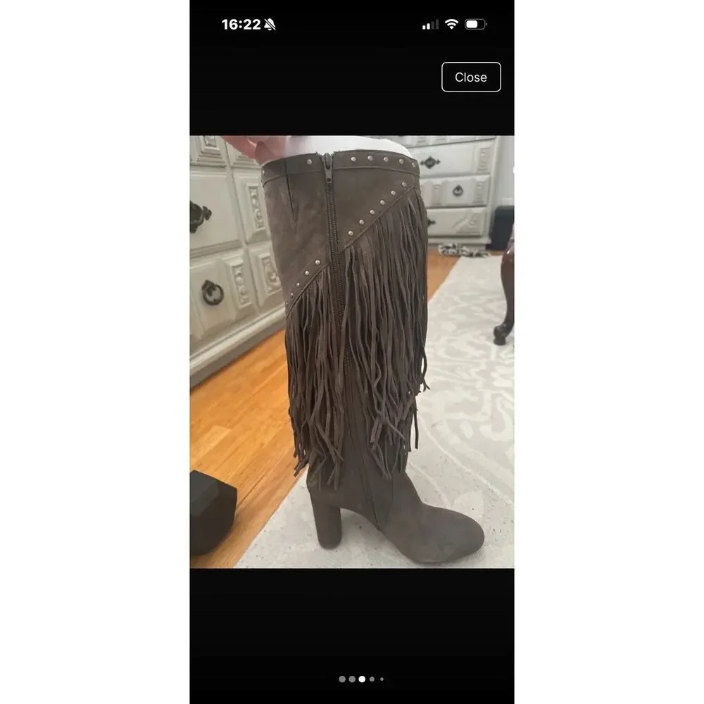 INC International Concepts Tolla Suede Fringe Knee High Brown 7.5M